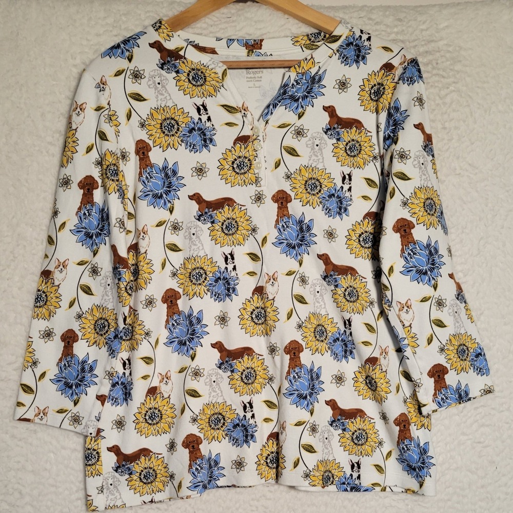Kim Rogers 3/4 Sleeve Top Size L Sunflowers V-Neck Dogs Puppies Soft 1983